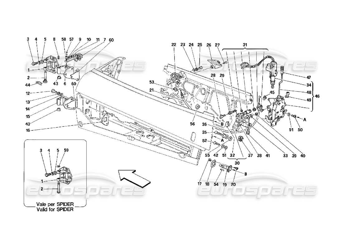 ferrari 348 (2.7 motronic) porte: diagramma delle parti del controllo di apertura e delle cerniere