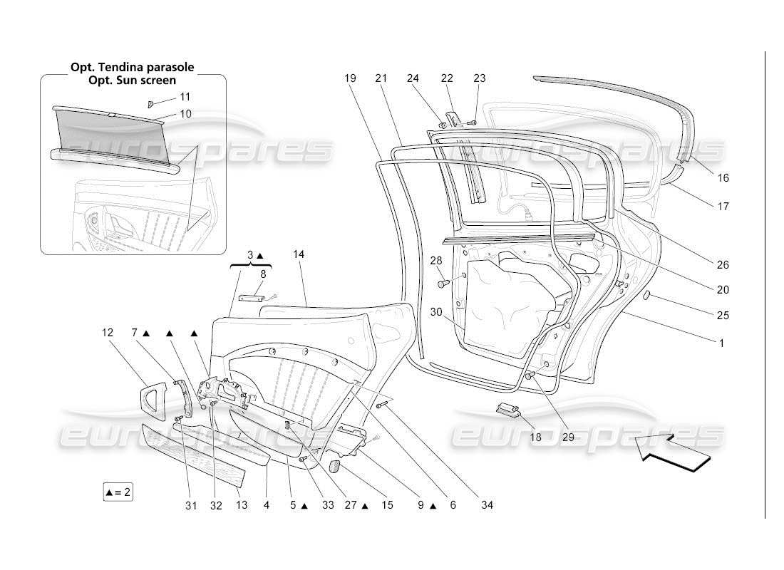 maserati qtp. (2007) 4.2 auto porte posteriori: pannelli di rivestimento schema delle parti