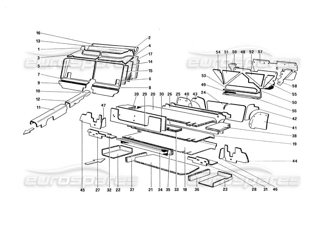 ferrari 328 (1985) diagramma delle parti dell'isolamento dell'abitacolo e dei bagagli (per la versione usa e sa).