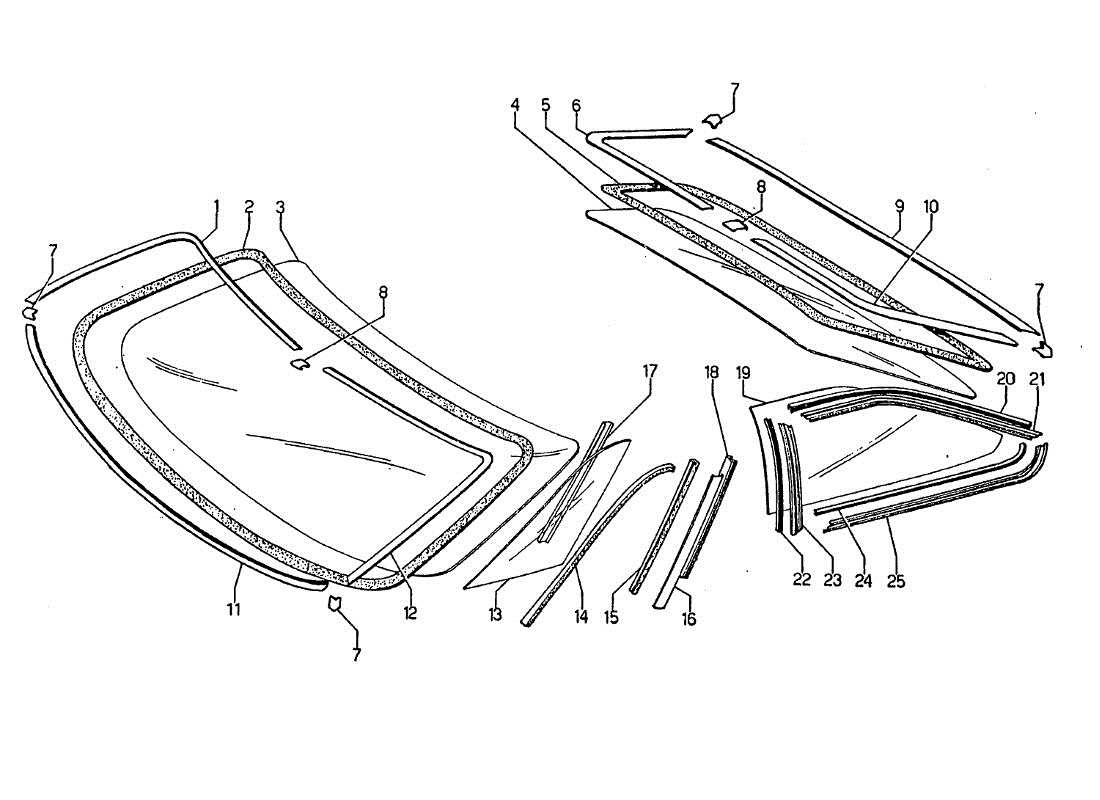 lamborghini jarama vetri parabrezza laterali e posteriori diagramma delle parti
