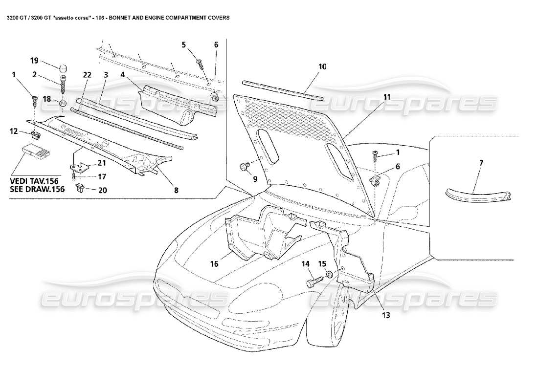 maserati 3200 gt/gta/assetto corsa diagramma delle parti delle coperture del vano motore e del cofano