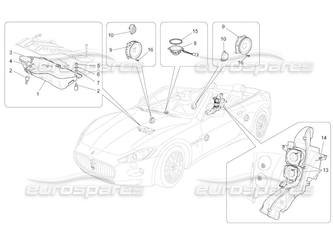 maserati grancabrio (2010) 4.7 schema delle parti del sistema di diffusione del suono