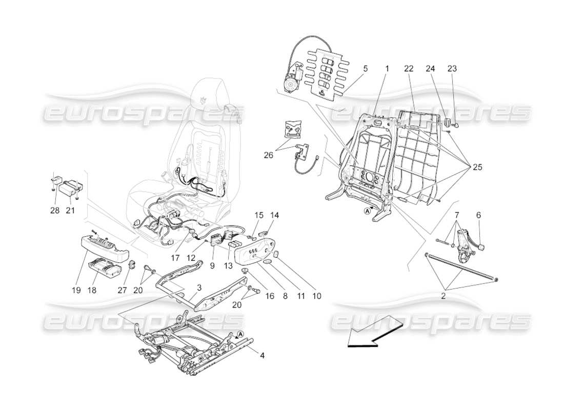 maserati grancabrio (2010) 4.7 sedili anteriori: meccanica ed elettronica diagramma delle parti