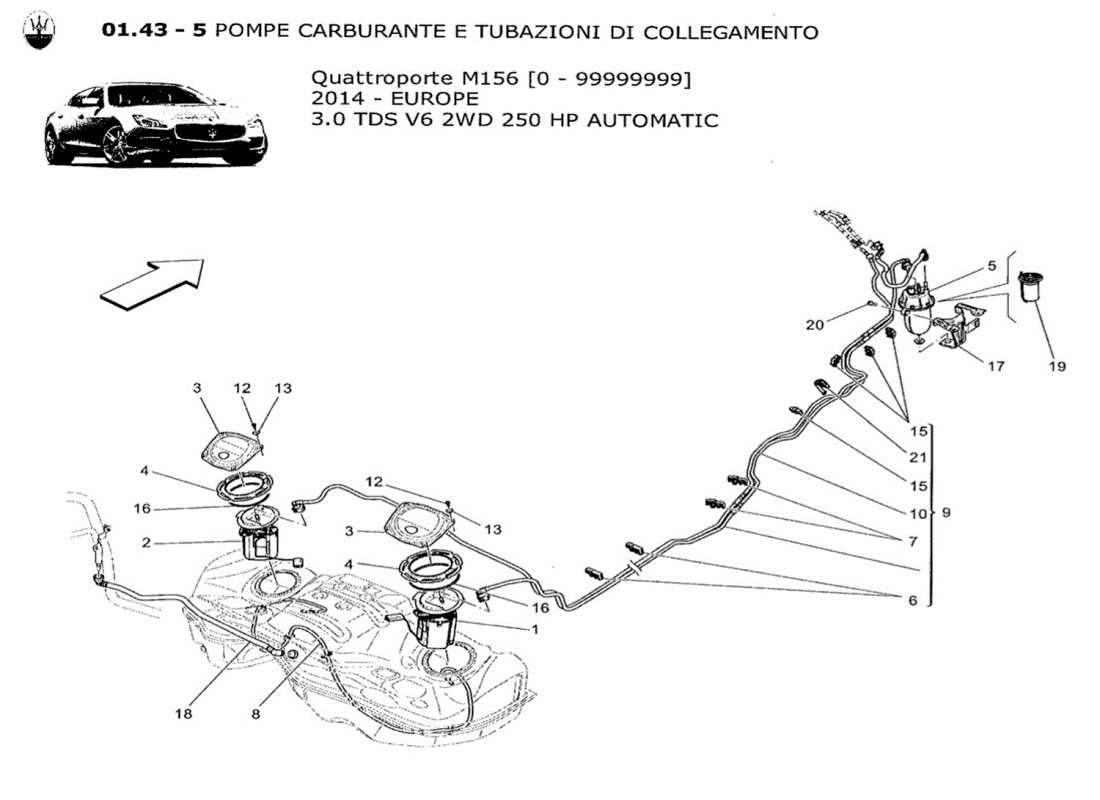 maserati qtp. v6 3.0 tds 250bhp 2014 diagramma delle parti delle pompe del carburante e delle linee di collegamento