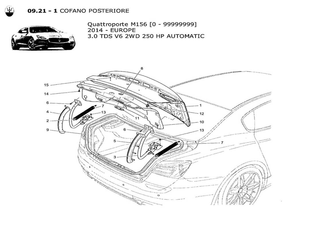 maserati qtp. v6 3.0 tds 250bhp 2014 schema delle parti del coperchio posteriore