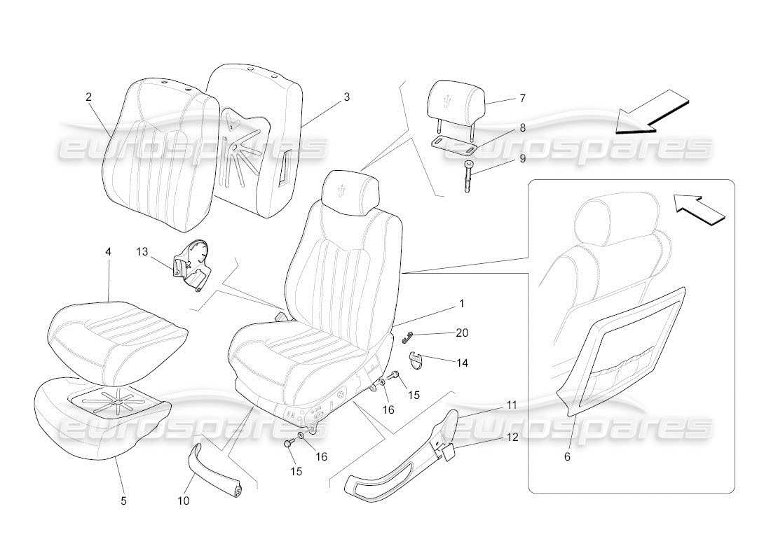 maserati qtp. (2011) 4.7 auto sedili anteriori: schema delle parti dei pannelli di rivestimento