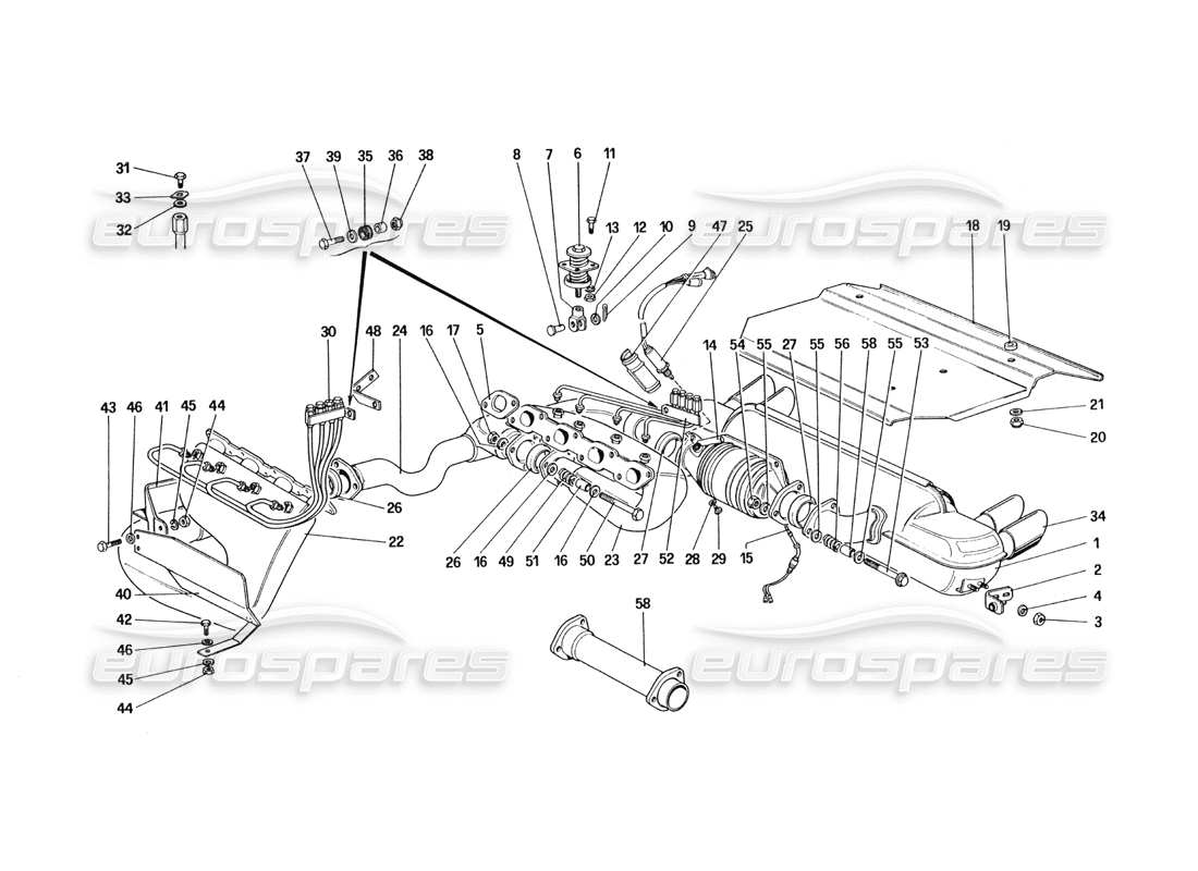 ferrari 328 (1985) schema delle parti del sistema di scarico (per versione usa e sa).