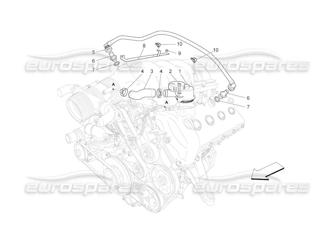 maserati grancabrio (2010) 4.7 diagramma delle parti del sistema di ricircolo dei vapori d'olio