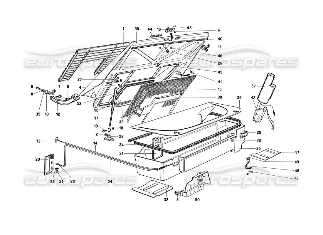 ferrari 328 (1985) schema delle parti della copertura del cofano posteriore e del vano bagagli