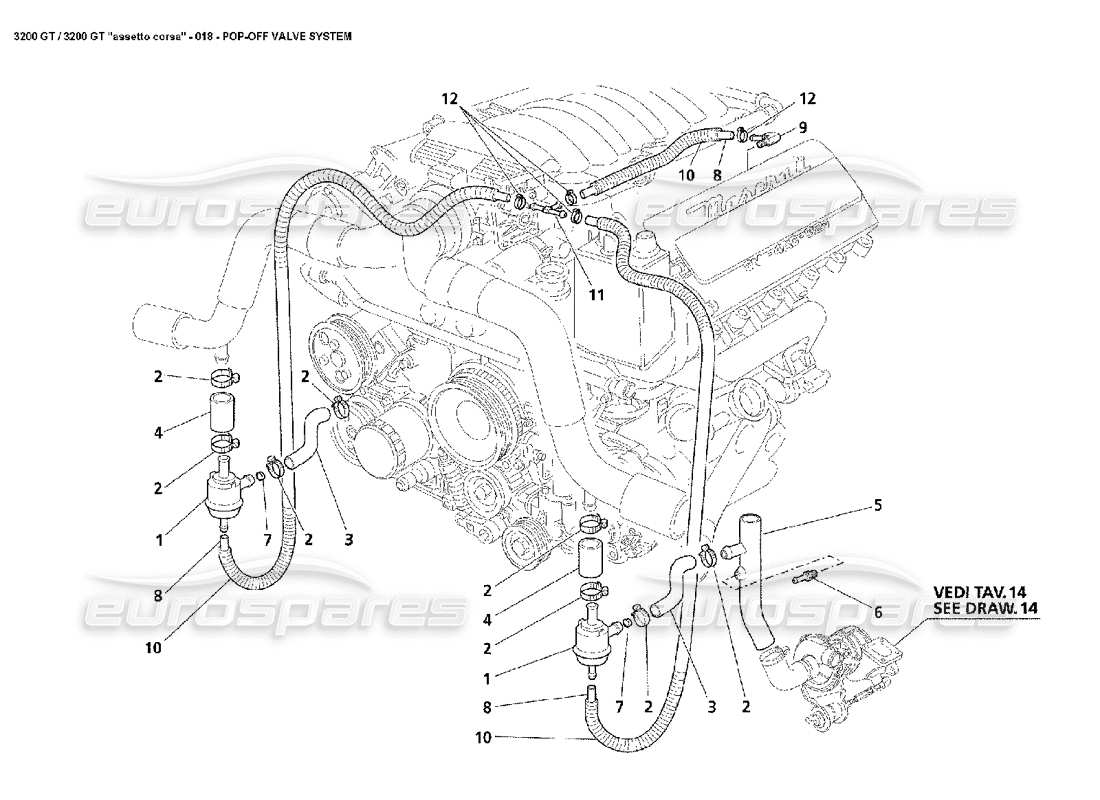 maserati 3200 gt/gta/assetto corsa sistema di valvole pop-off diagramma delle parti