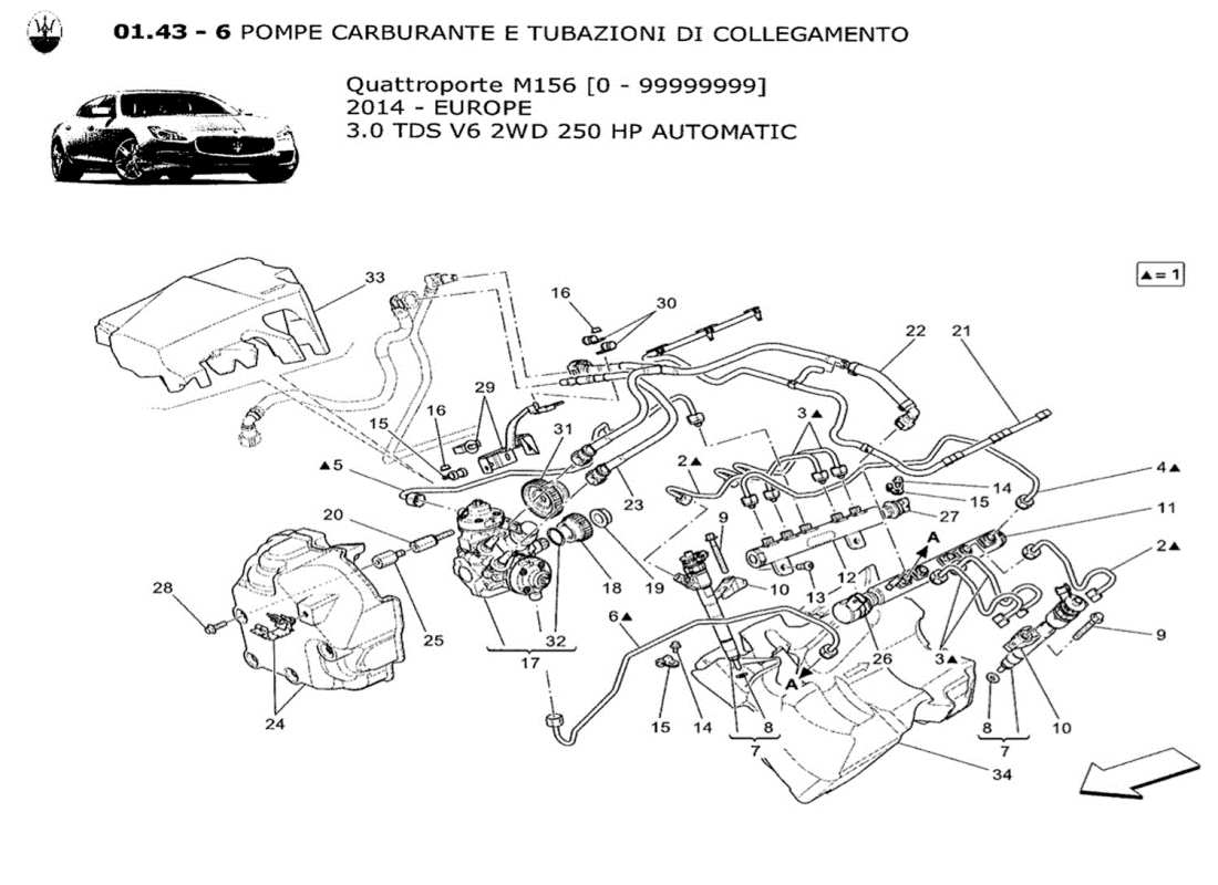 maserati qtp. v6 3.0 tds 250bhp 2014 diagramma delle parti delle pompe del carburante e delle linee di collegamento