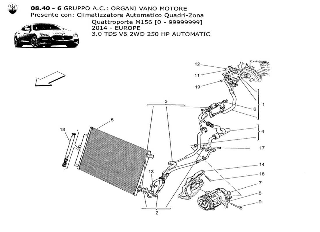 maserati qtp. v6 3.0 tds 250bhp 2014 unità a c: diagramma delle parti dei dispositivi del vano motore