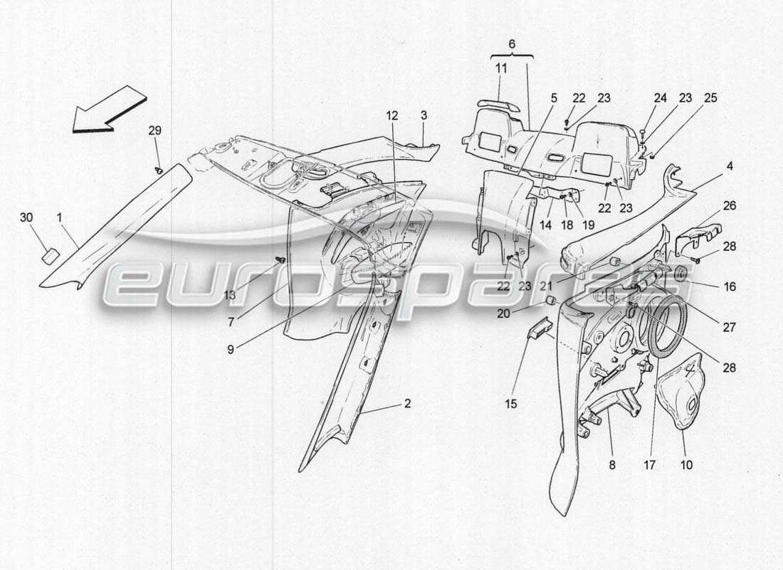 maserati grancabrio mc centenario schema delle parti dei pannelli di rivestimento del montante b e dei pannelli laterali dell'abitacolo