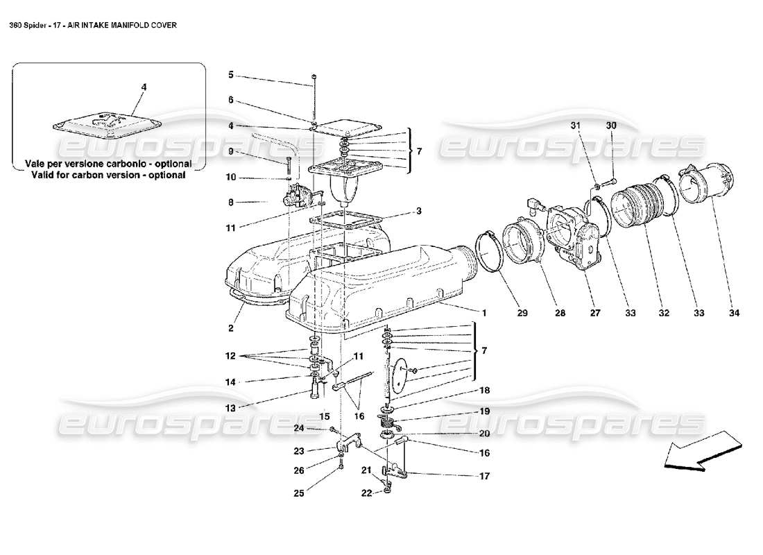 ferrari 360 spider coperchio del collettore di aspirazione dell'aria diagramma delle parti