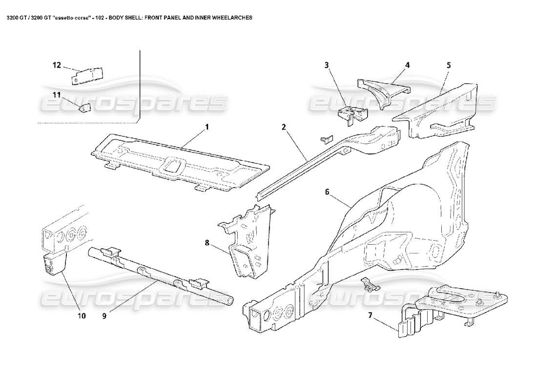 maserati 3200 gt/gta/assetto corsa corpo: diagramma delle parti del pannello anteriore e dei passaruota interni