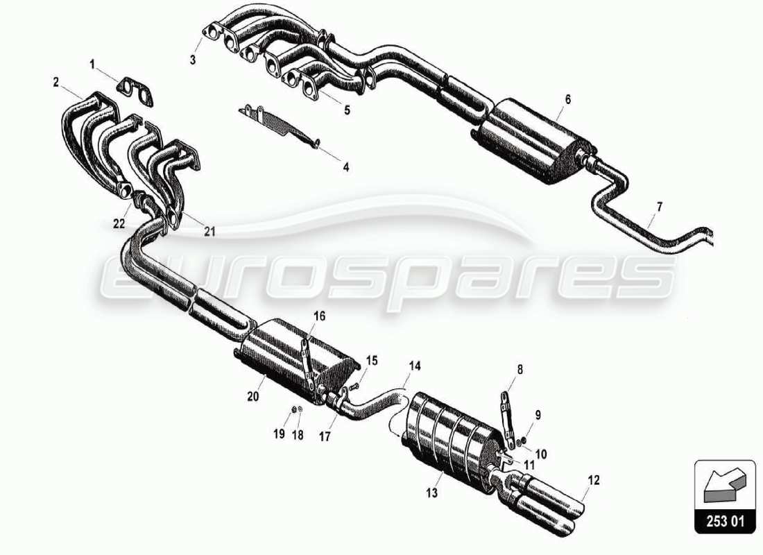 lamborghini 350 gt diagramma delle parti del sistema di scarico