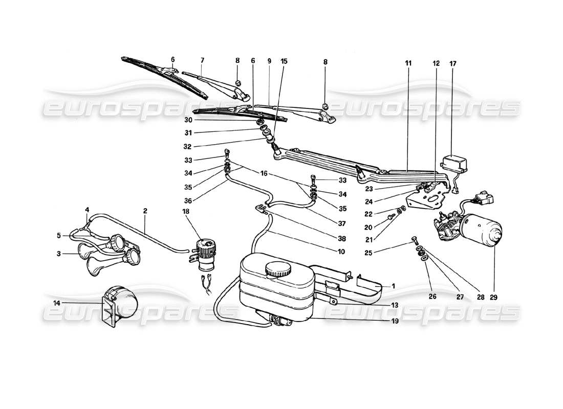 ferrari 308 gtb (1980) diagramma delle parti di tergicristallo, rondella e avvisatore acustico (varianti per versioni rhd - aus).