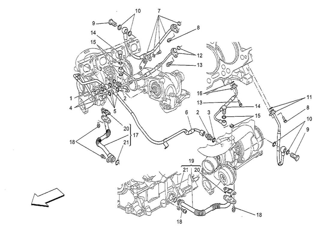 maserati qtp. v8 3.8 530bhp 2014 sistema turbocompressore: lubrificazione e raffreddamento schema delle parti