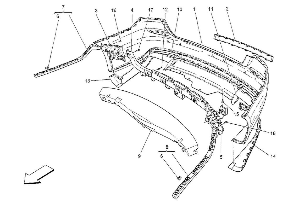 maserati qtp. v8 3.8 530bhp 2014 schema delle parti paraurti posteriore