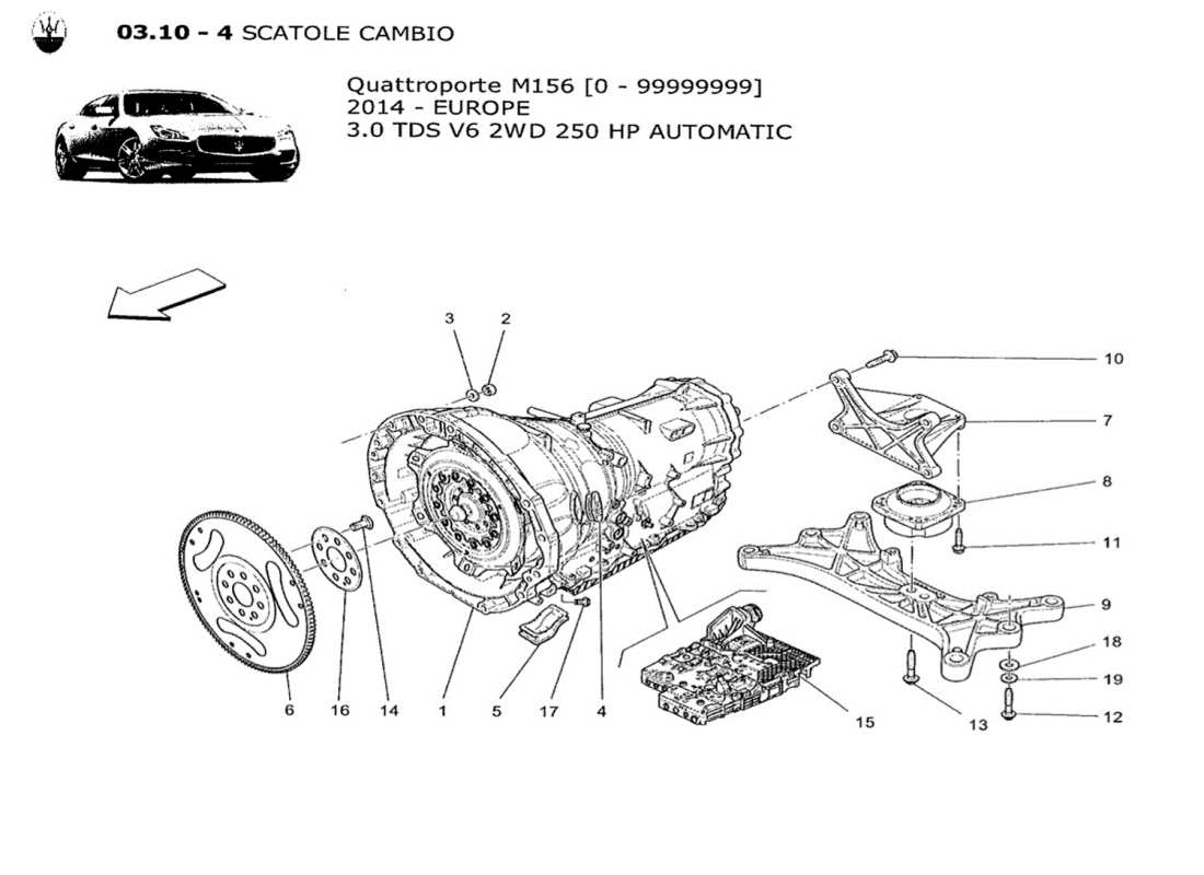 maserati qtp. v6 3.0 tds 250bhp 2014 diagramma delle parti degli alloggiamenti del cambio