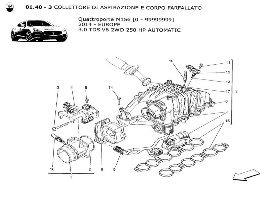 maserati qtp. v6 3.0 tds 250bhp 2014 schema della parte del collettore di aspirazione e del corpo farfallato