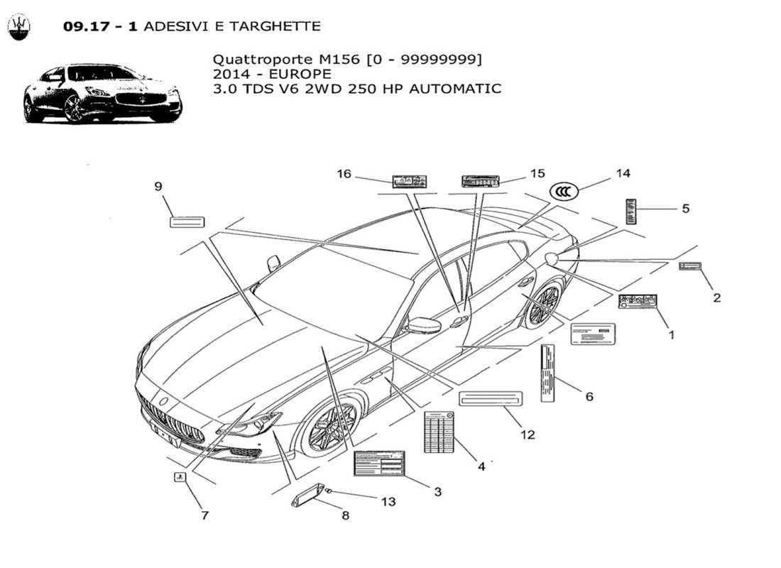 maserati qtp. v6 3.0 tds 250bhp 2014 diagramma delle parti di adesivi ed etichette