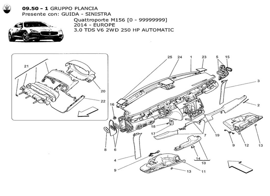 maserati qtp. v6 3.0 tds 250bhp 2014 diagramma delle parti dell'unità del cruscotto