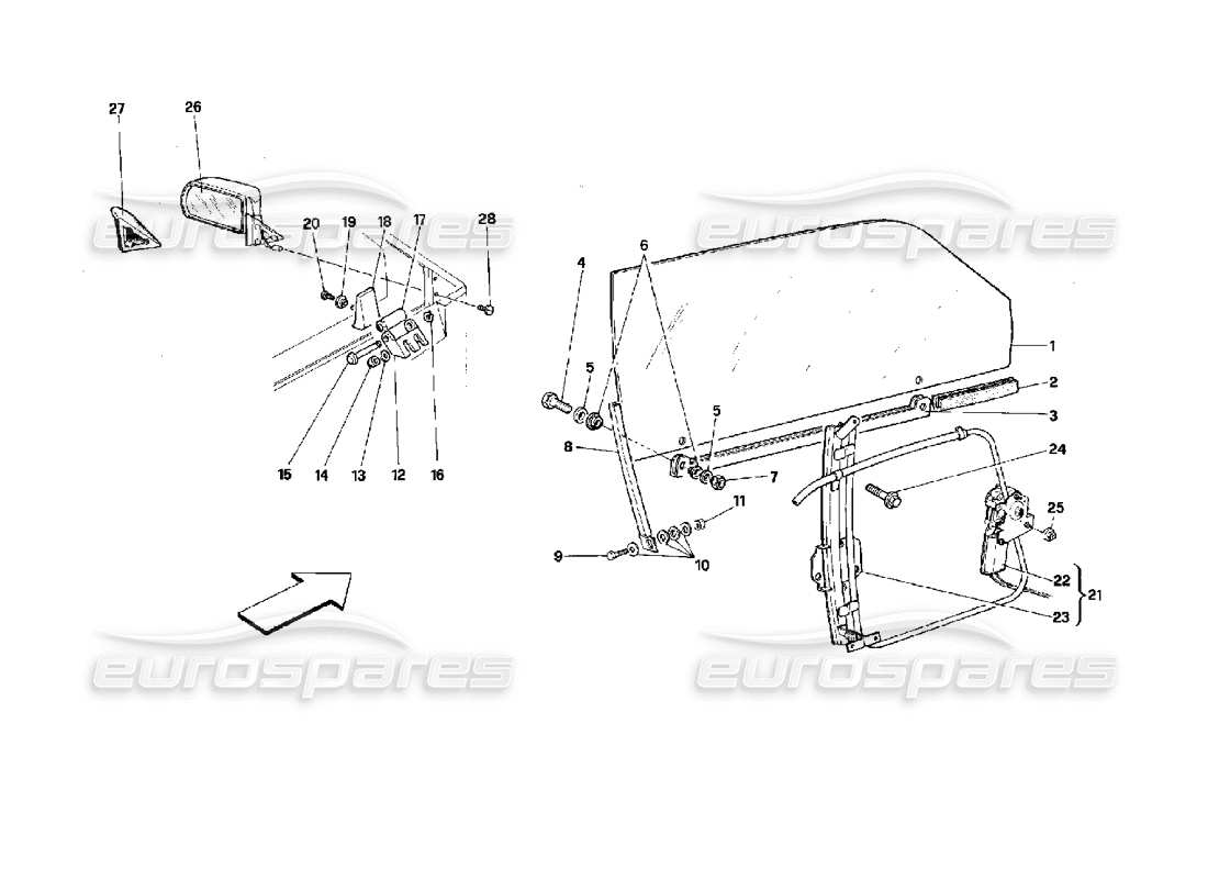 ferrari mondial 3.4 t coupe/cabrio schema delle parti porte - coupé - dispositivo di sollevamento vetro e specchietto retrovisore