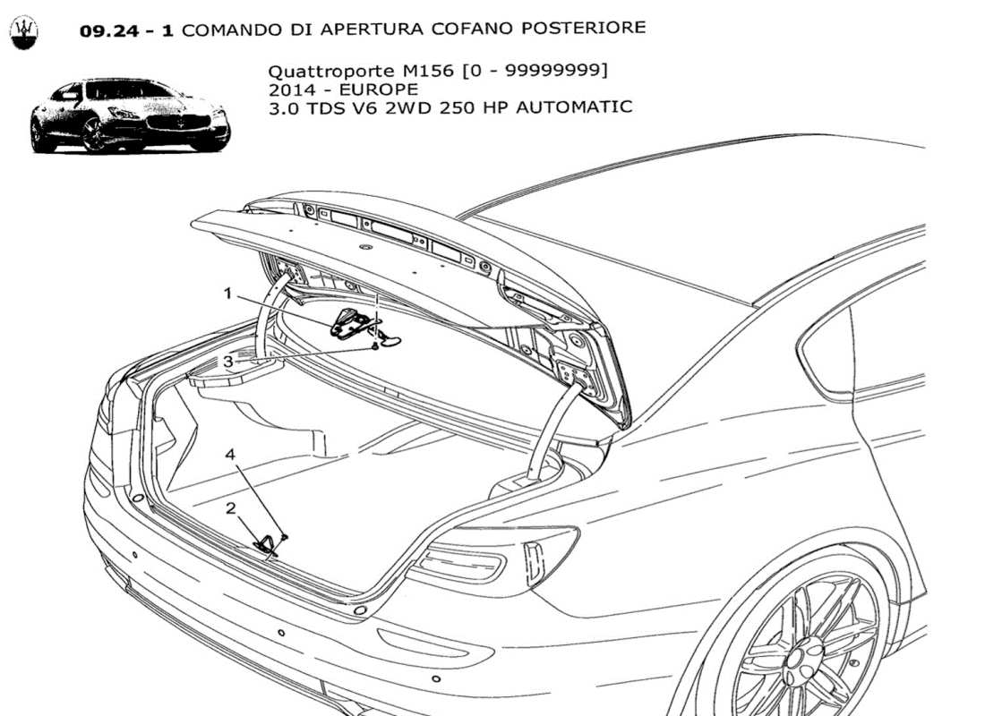 maserati qtp. v6 3.0 tds 250bhp 2014 schema delle parti del controllo dell'apertura del cofano posteriore