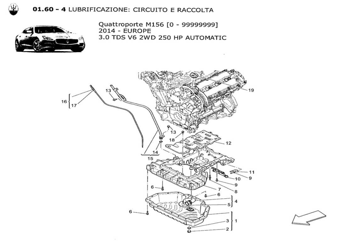 maserati qtp. v6 3.0 tds 250bhp 2014 sistema di lubrificazione: diagramma delle parti del circuito e della raccolta