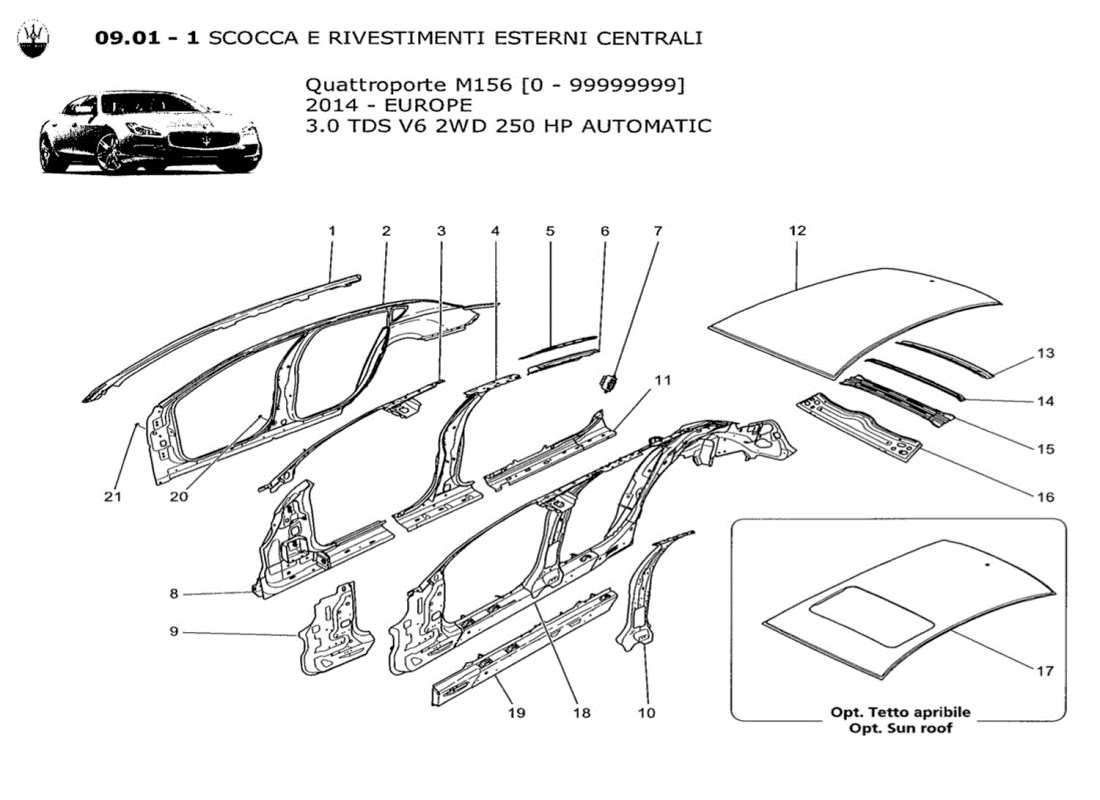 maserati qtp. v6 3.0 tds 250bhp 2014 schema delle parti della carrozzeria e dei pannelli di rivestimento esterni centrali