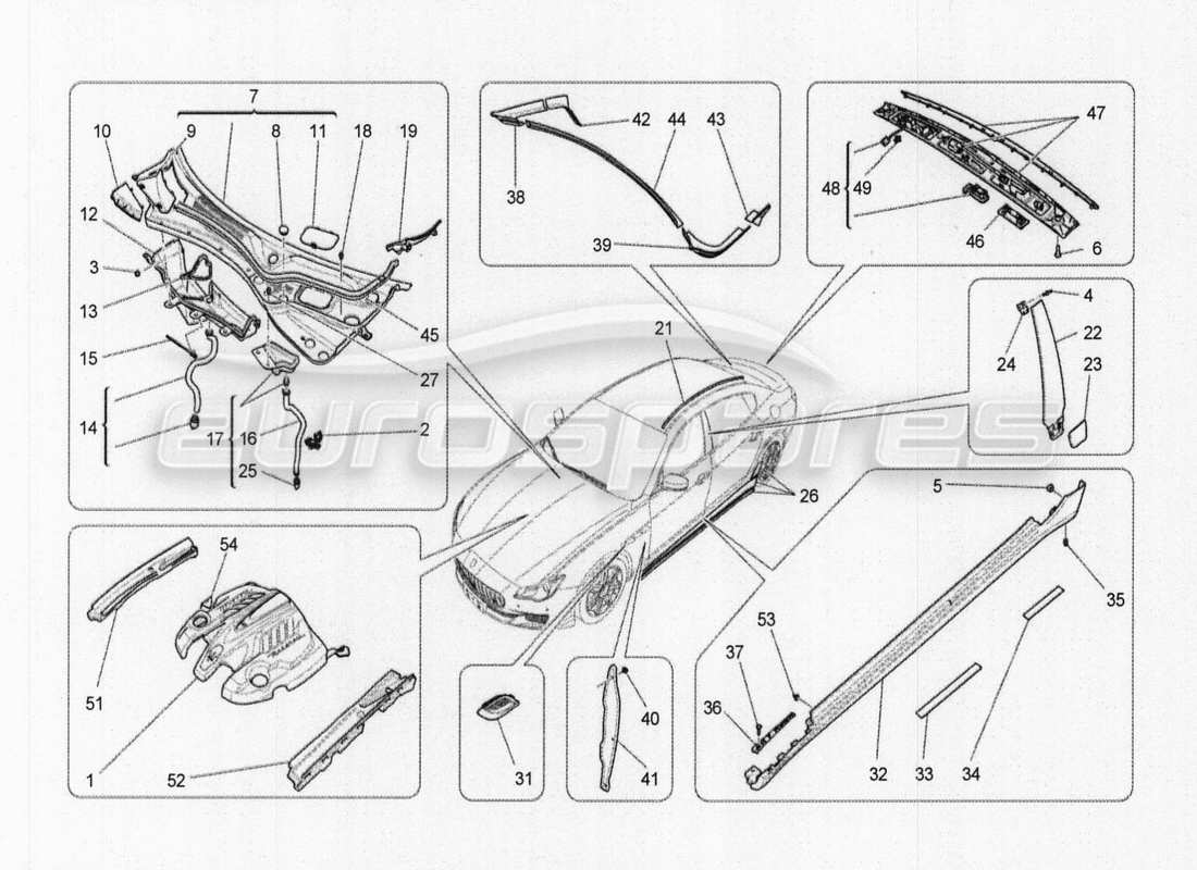 maserati qtp. v8 3.8 530bhp auto 2015 schema delle parti di scudi, finiture e pannelli di copertura