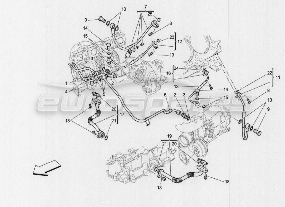 maserati qtp. v8 3.8 530bhp auto 2015 sistema turbocompressore: lubrificazione e raffreddamento schema delle parti