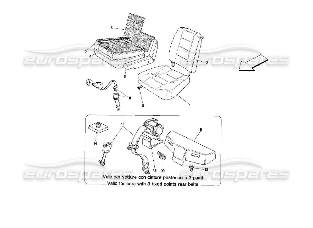 ferrari mondial 3.4 t coupe/cabrio sedili e cinture di sicurezza posteriori - schema delle parti della cabriolet