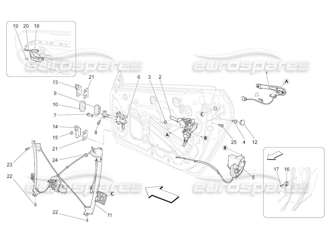 maserati grancabrio (2010) 4.7 porte anteriori: diagramma delle parti dei meccanismi