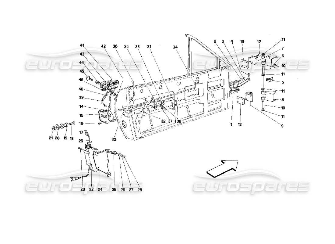 ferrari mondial 3.4 t coupe/cabrio porte - cabriolet - schema delle parti del controllo di apertura e delle cerniere