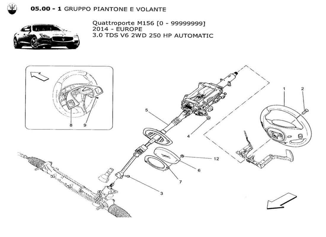 maserati qtp. v6 3.0 tds 250bhp 2014 schema delle parti del piantone dello sterzo e dell'unità del volante