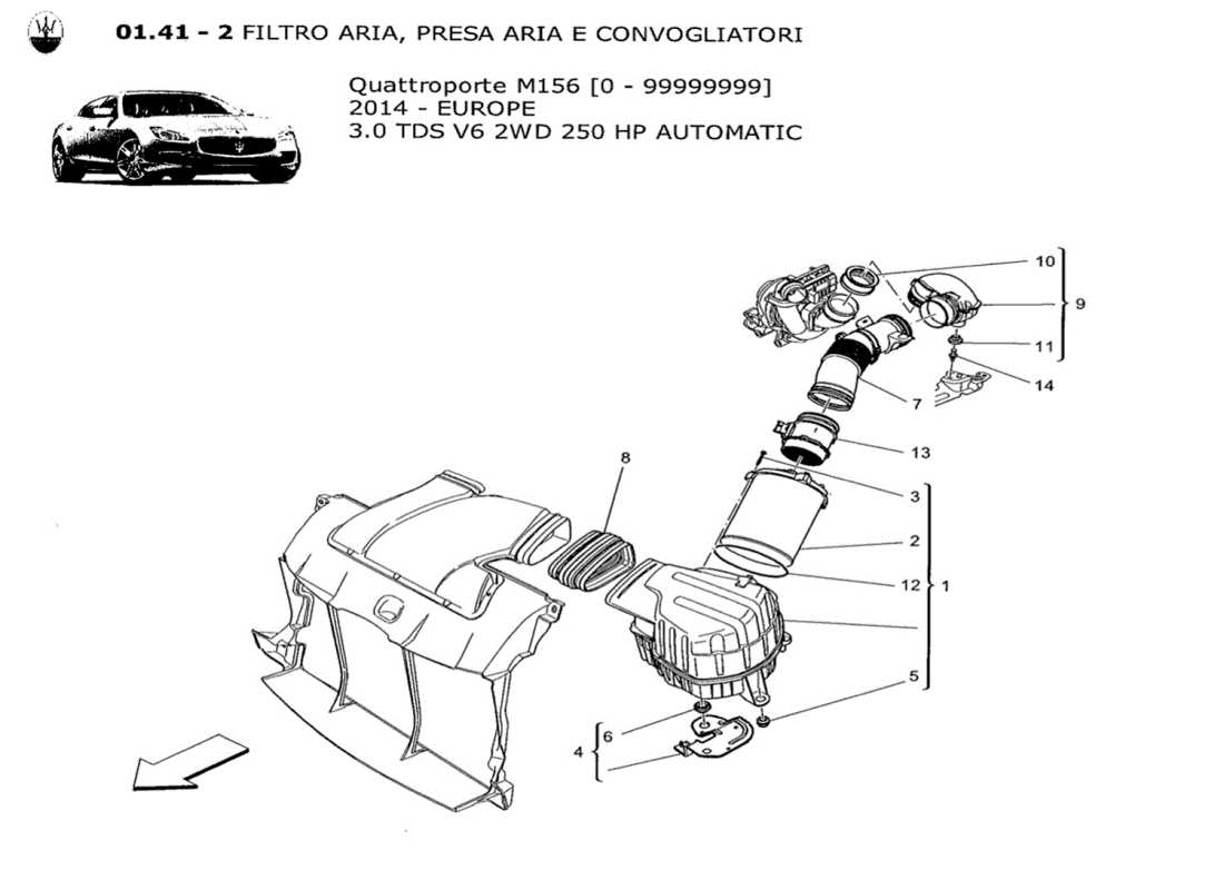 maserati qtp. v6 3.0 tds 250bhp 2014 filtro dell'aria. presa aria e condotti schema delle parti
