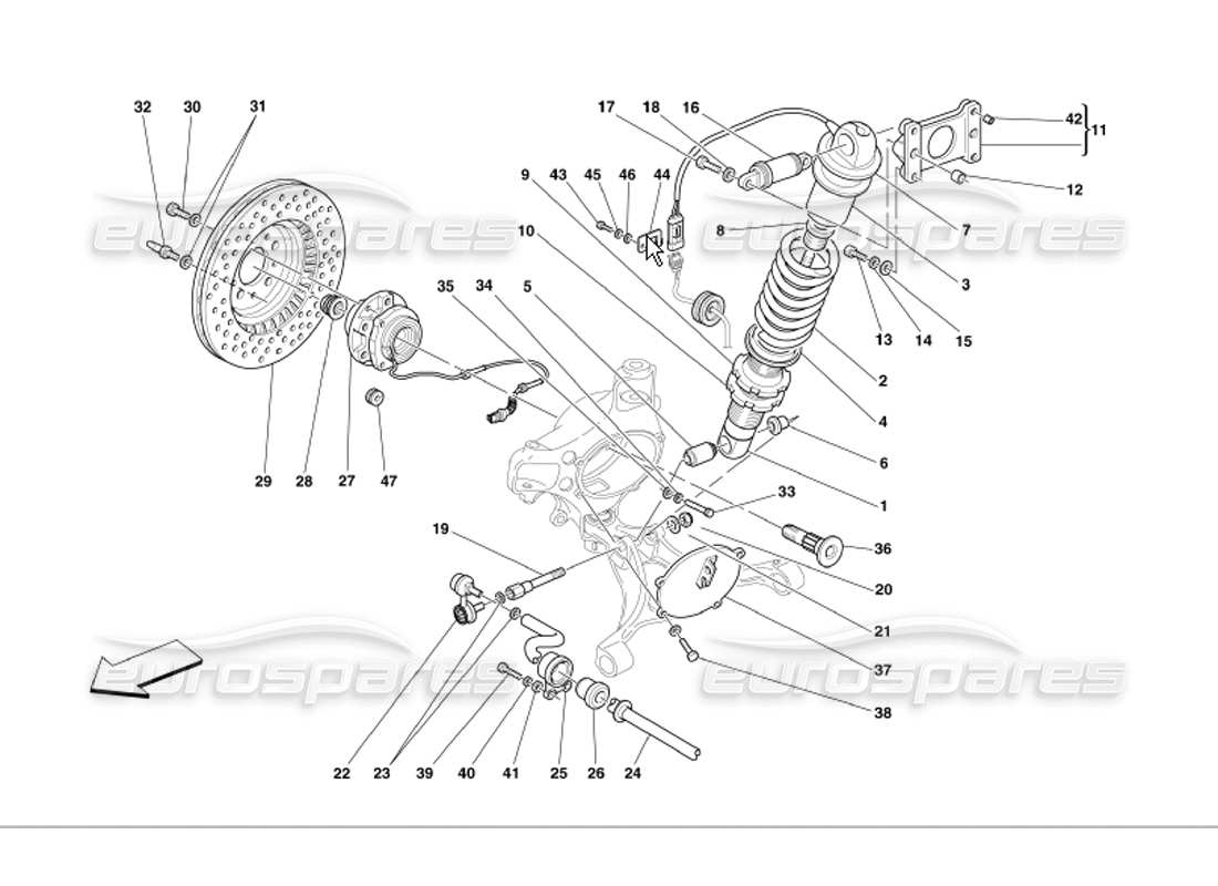ferrari 360 modena schema delle parti dell'ammortizzatore della sospensione anteriore e del disco del freno