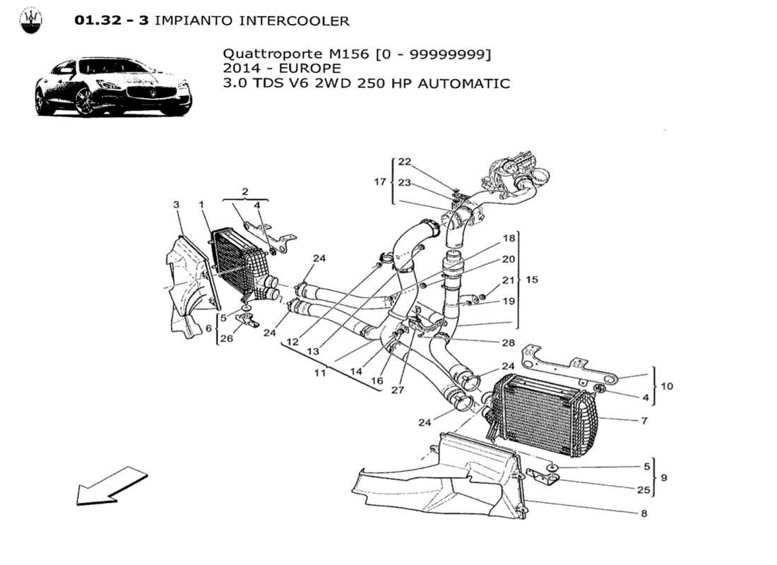 maserati qtp. v6 3.0 tds 250bhp 2014 schema delle parti del sistema intercooler