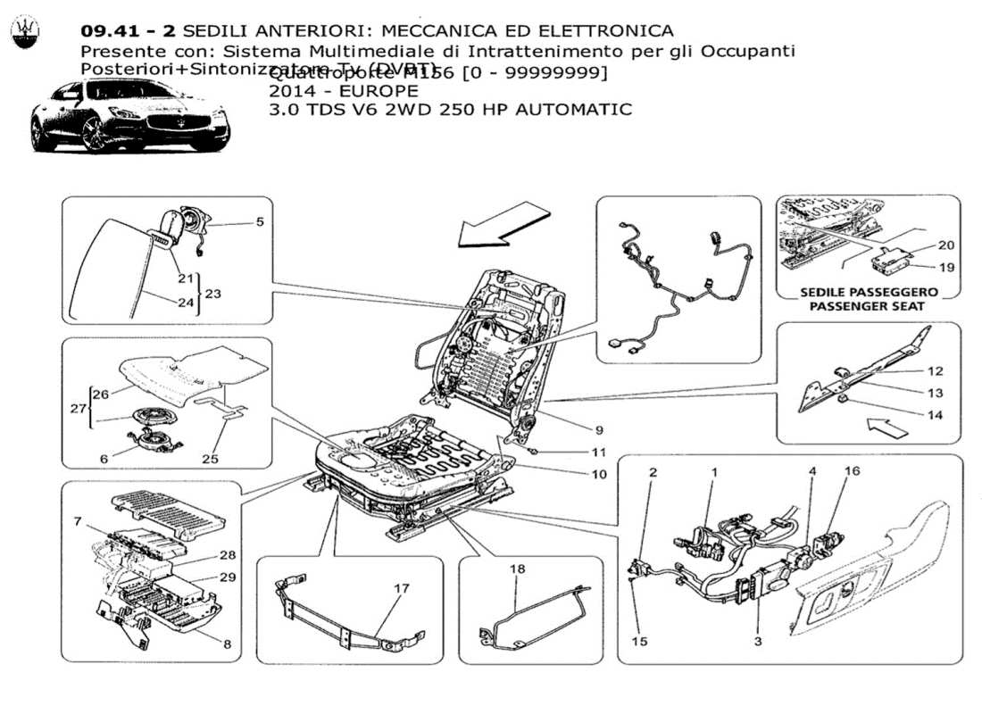 maserati qtp. v6 3.0 tds 250bhp 2014 sedili anteriori: diagramma delle parti meccaniche ed elettroniche
