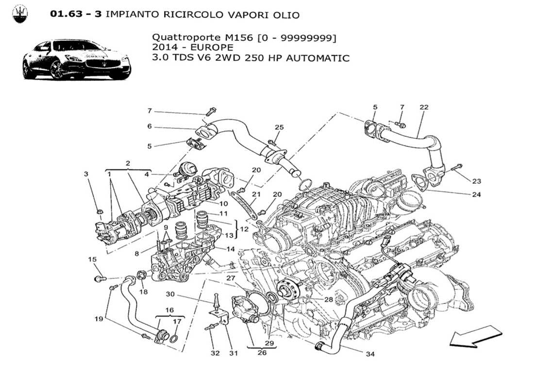 maserati qtp. v6 3.0 tds 250bhp 2014 diagramma delle parti del sistema di ricircolo dei vapori d'olio