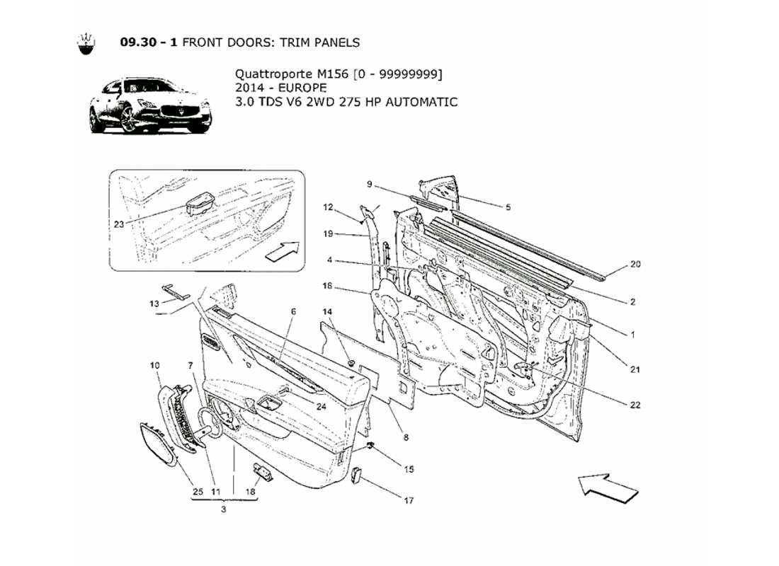 maserati qtp. v6 3.0 tds 275bhp 2014 porte anteriori: diagramma delle parti dei pannelli di rivestimento