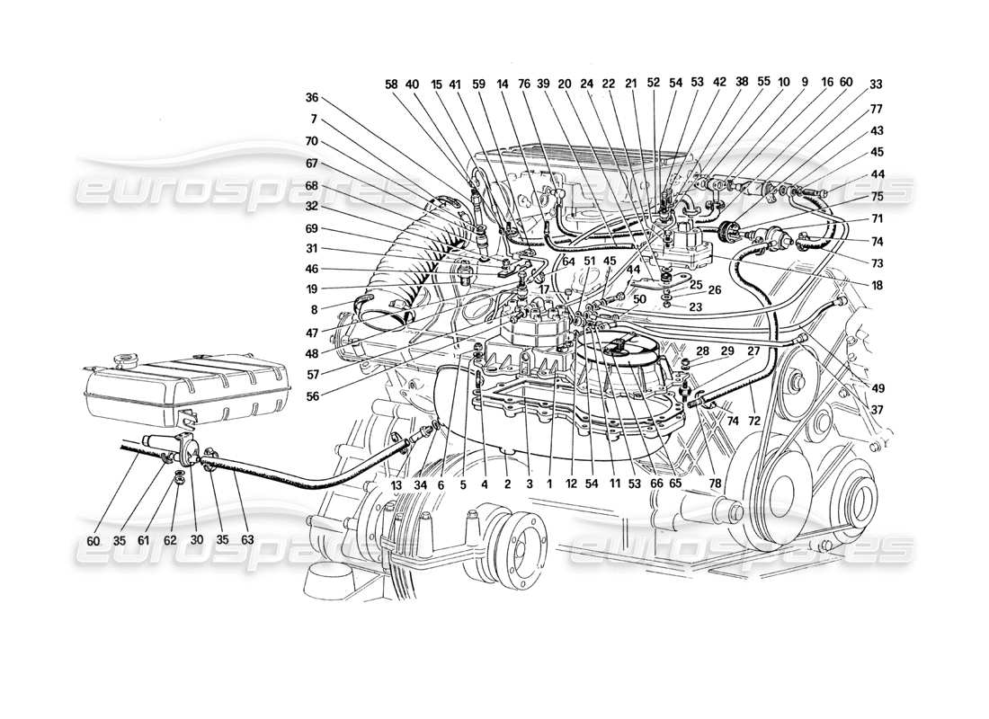 ferrari 328 (1985) diagramma delle parti delle linee dei distributori di carburante (non per la versione usa).