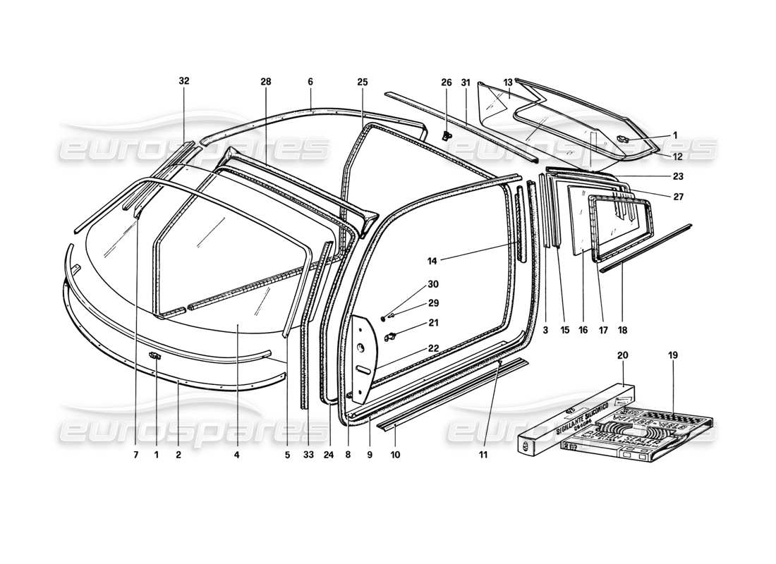 ferrari 308 gtb (1980) occhiali (varianti per guida a destra - versioni aus) diagramma delle parti