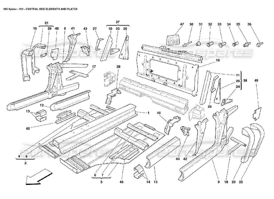 ferrari 360 spider elementi laterali centrali e piastre diagramma delle parti