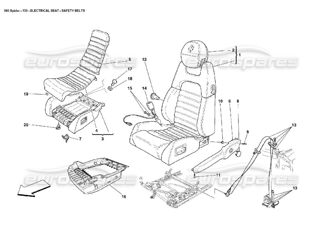 ferrari 360 spider sedile elettrico: diagramma delle parti delle cinture di sicurezza