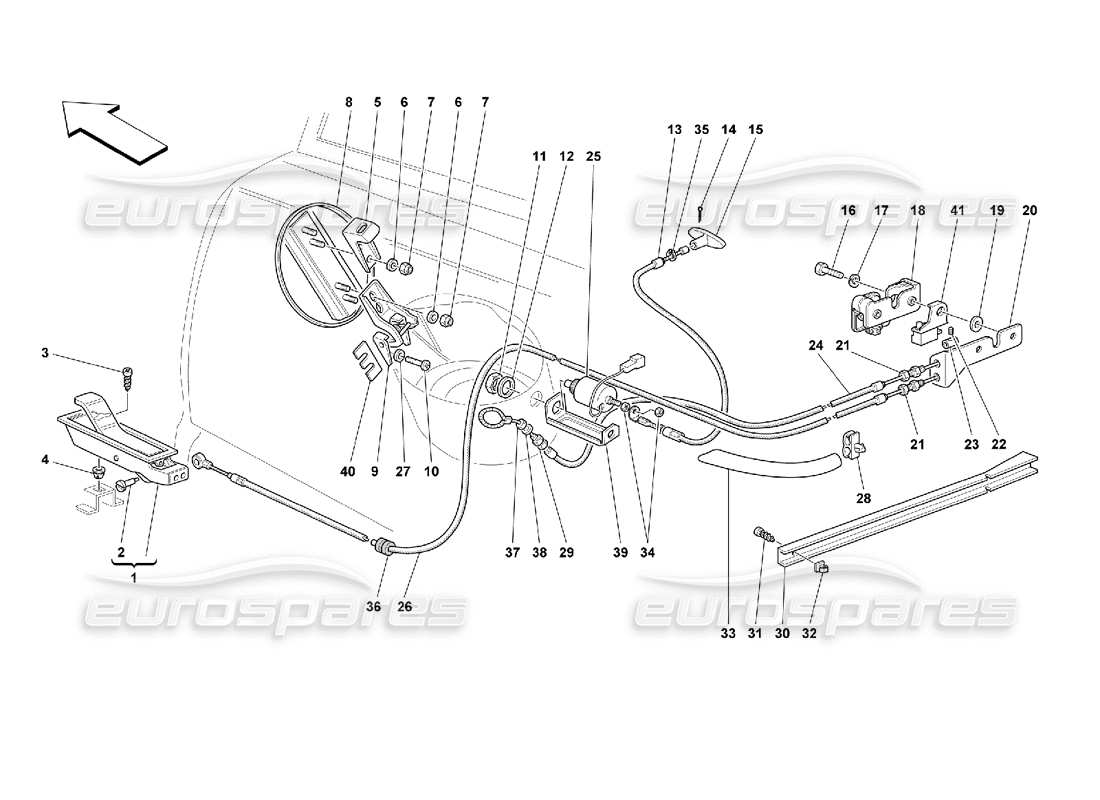 ferrari 355 (2.7 motronic) schema delle parti dei dispositivi di apertura del cofano posteriore e della porta del gas