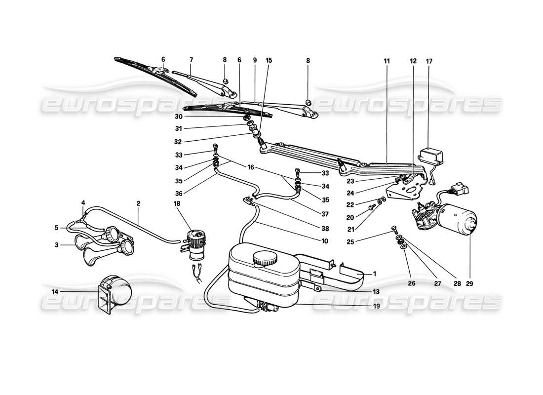 ferrari 308 gtb (1980) schema delle parti del tergicristallo, rondella e del clacson