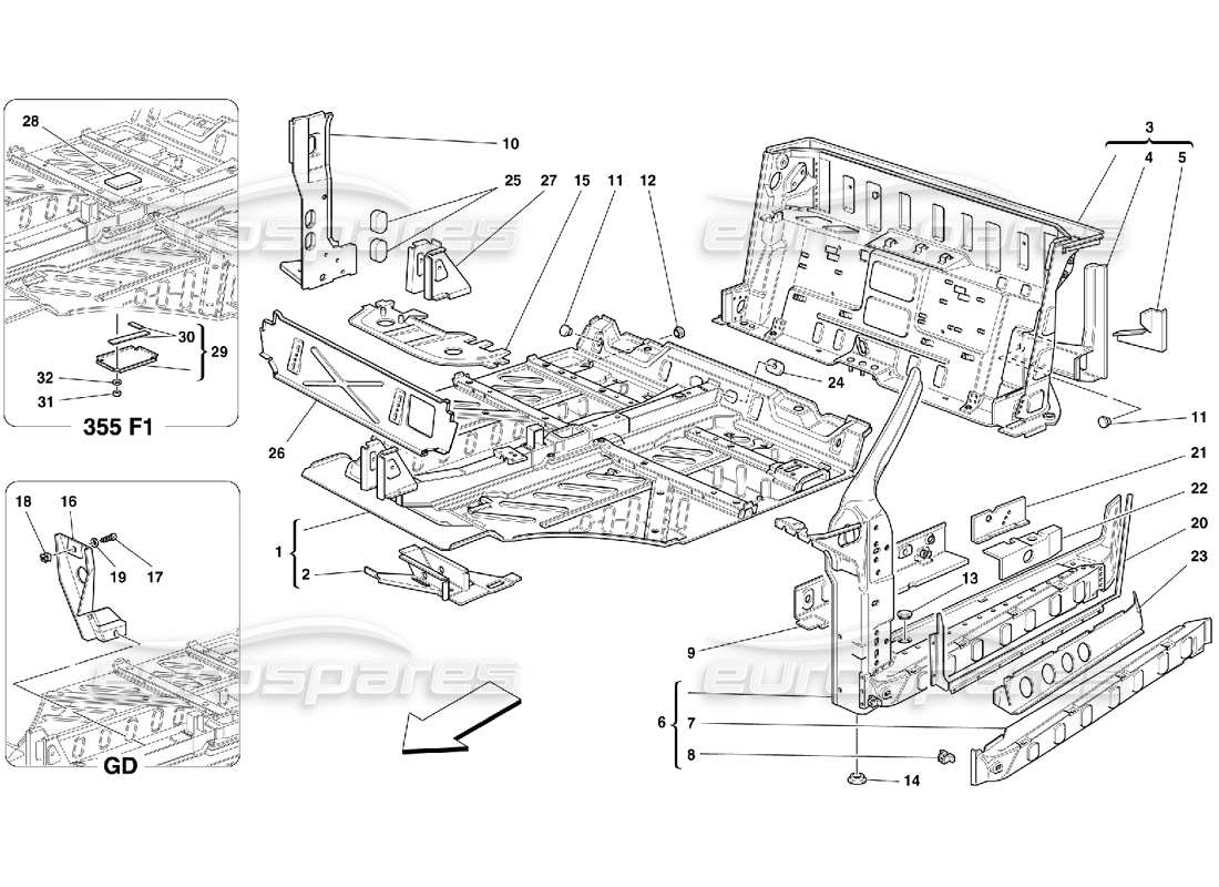 ferrari 355 (5.2 motronic) diagramma delle parti delle strutture della parte centrale